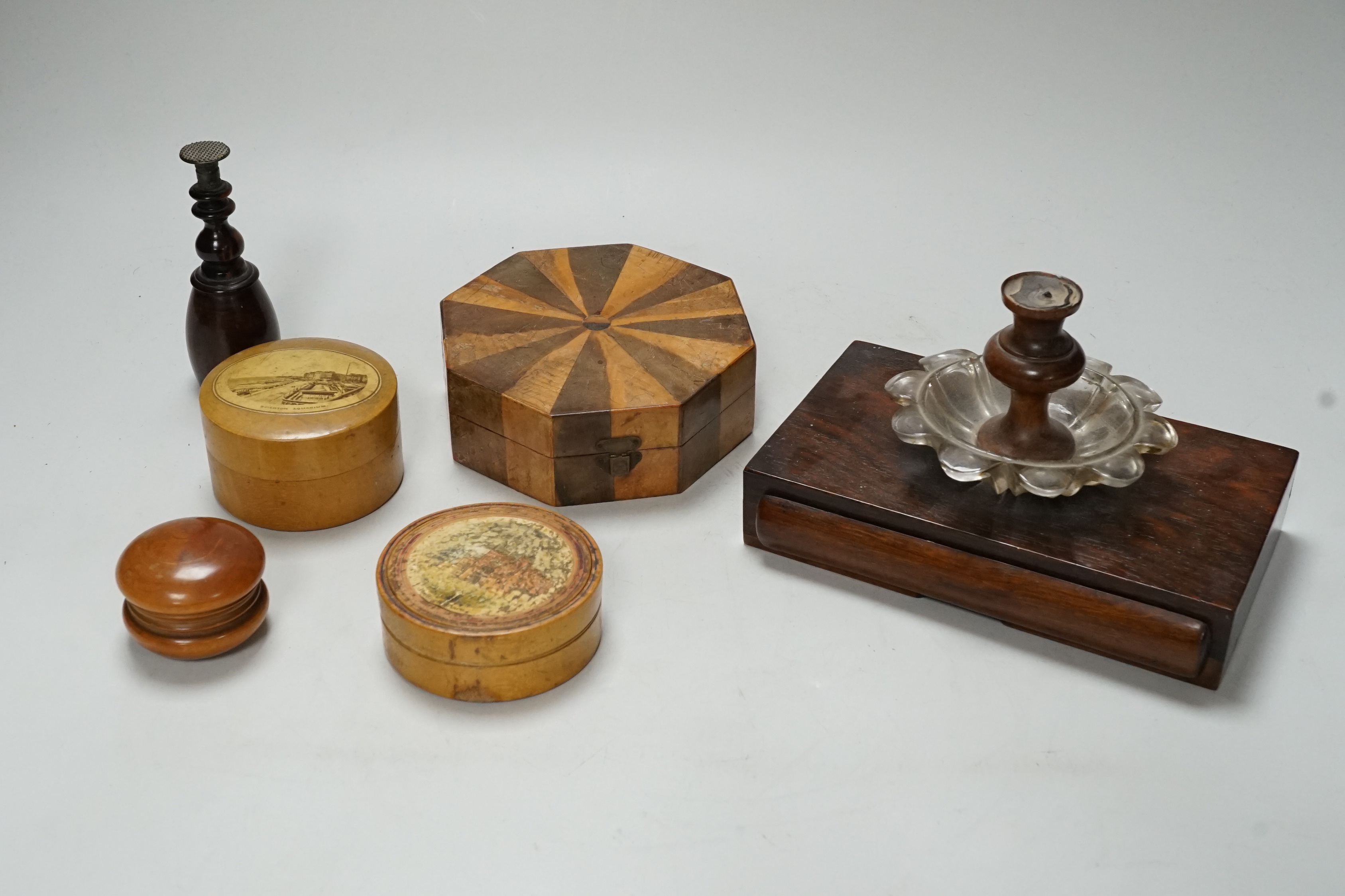 A Victorian sealing wax desk set, 16 cm wide early Tunbridge ware Penshurst Place drum shaped box, c.1810, and other treen